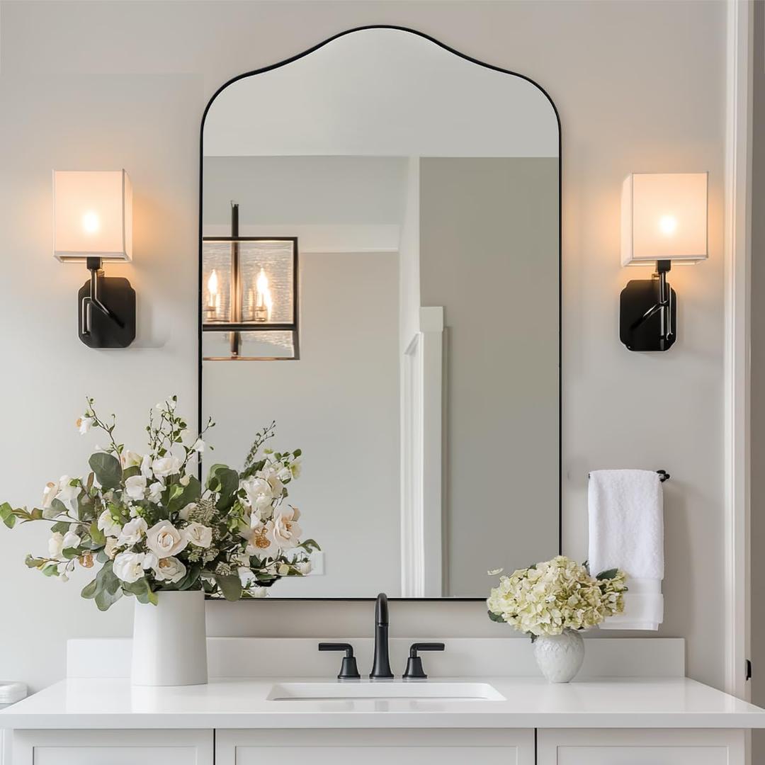 ANDY STAR Scalloped Arched Mirror, 22x35 Matte Black Irregular Wall Mirror for Bathroom Vanity with Metal Frame for Living Room, Entryway, Fireplace, Mantel, with Stainless Steel Frame