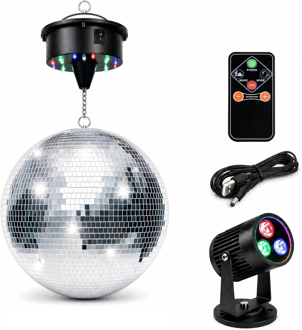 16" Disco Ball with Motor and Light 6-12RPM Rotator and RGB Spotlight for Party DJ Bands Dance Club Bar Wedding Event Studio Holiday Decor
