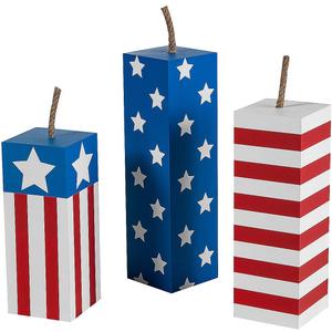 Fun Express Patriotic Fireworks Wooden Blocks - 4th of July Home Decor Red White & Blue Stars - Festive Wooden Blocks for Independence Day & USA Celebrations - Decorative Patriotic Blocks - 3 Pieces