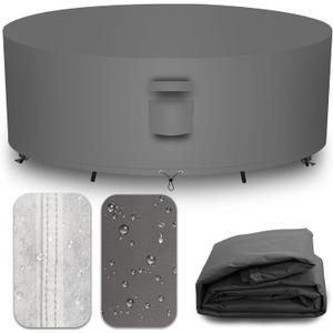 Heavy Duty Patio Furniture Covers Outdoor, Waterproof Round Table Cover 600D Canvas, Large Circular Patio Dining Table And Chair Set Covers 84"DIAx28"H, Grey