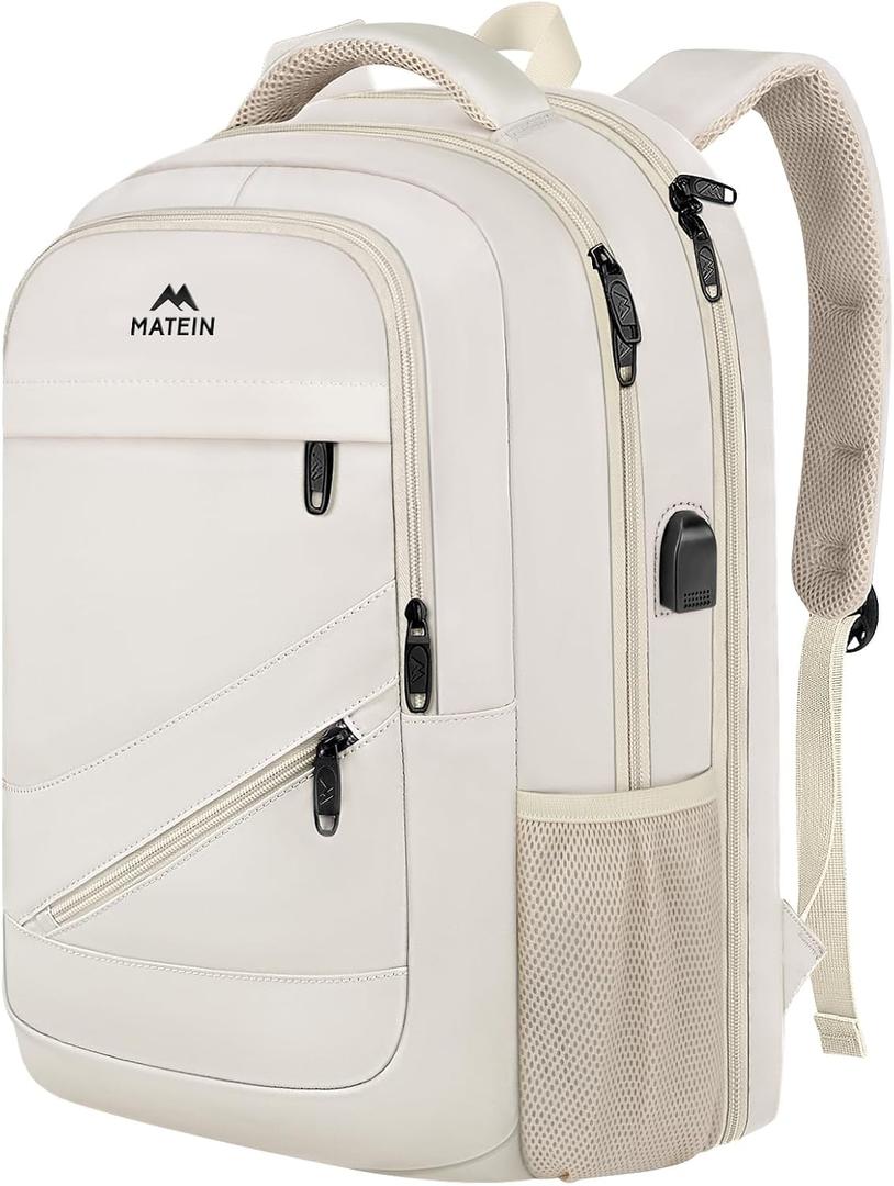 MATEIN 17 inch Laptop Bookbag for Women, College School Backpack Large Capacity with USB Port & Luggage Strap, Water Resistant Padded Computer Backpack TSA Approved for Nurse Work Travel, Beige