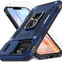 DEERLAMN Case for iPhone 17e/iPhone 16e 6.1-Inch with Slide Camera Cover+Screen Protector (2 Packs), Rotated Ring Kickstand Military Grade Shockproof Protective Cover-Navy Blue