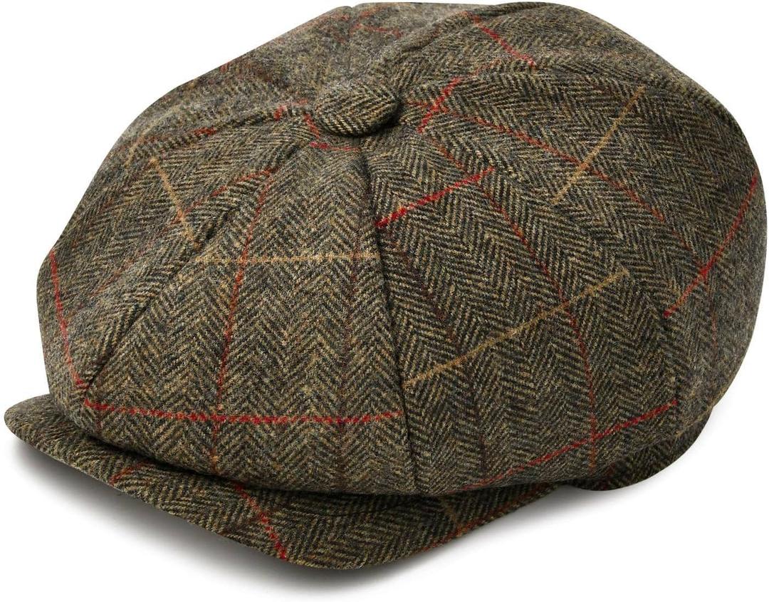 BOTVELA Men's 8 Panel Wool Blend Newsboy Flat Cap Herringbone Tweed Hat (7 5/8, Plaid Khaki)
