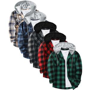 5 Pack Men's Flannel Shirt Plaid Hoodie Fall Casual Button Down Shirt Jackets Long Sleeve Stylish Hooded with Pocket (L)
