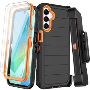 for Samsung Galaxy A16 5G Case with Belt Clip Holster,2X Screen Protectors & Kickstand,Heavy Duty Shockproof Drop Protection Bumper Military Grade Full Body Non Slip Rugged Durable Phone Cover (Black Orange#1)