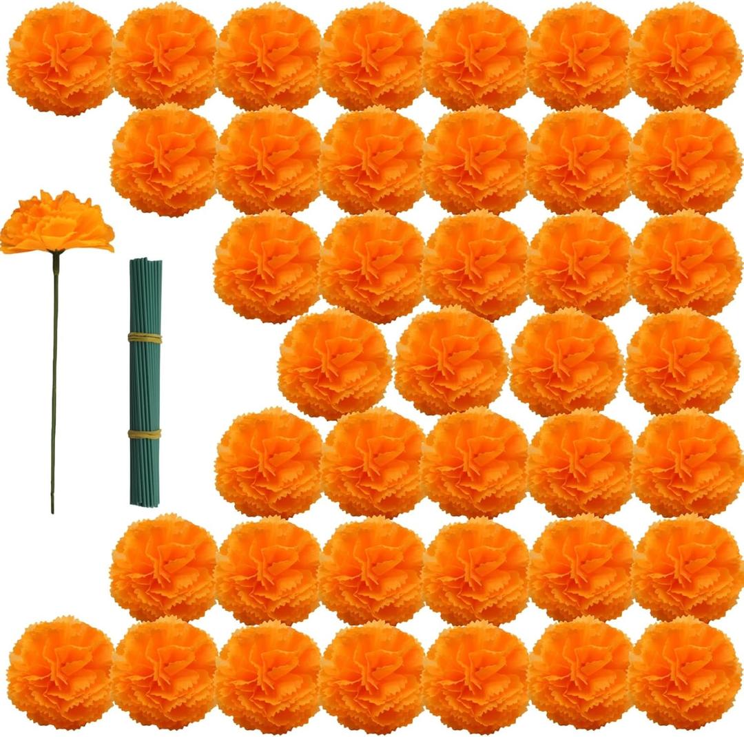 Artificial Marigolds Flowers, 100Pcs Marigold Fake Flowers, Silk Orange Flowers for Day of The Dead, Diwali, Dia De Los Muertos Decoration, Ofrenda Decoration (Orange, 100Pcs)