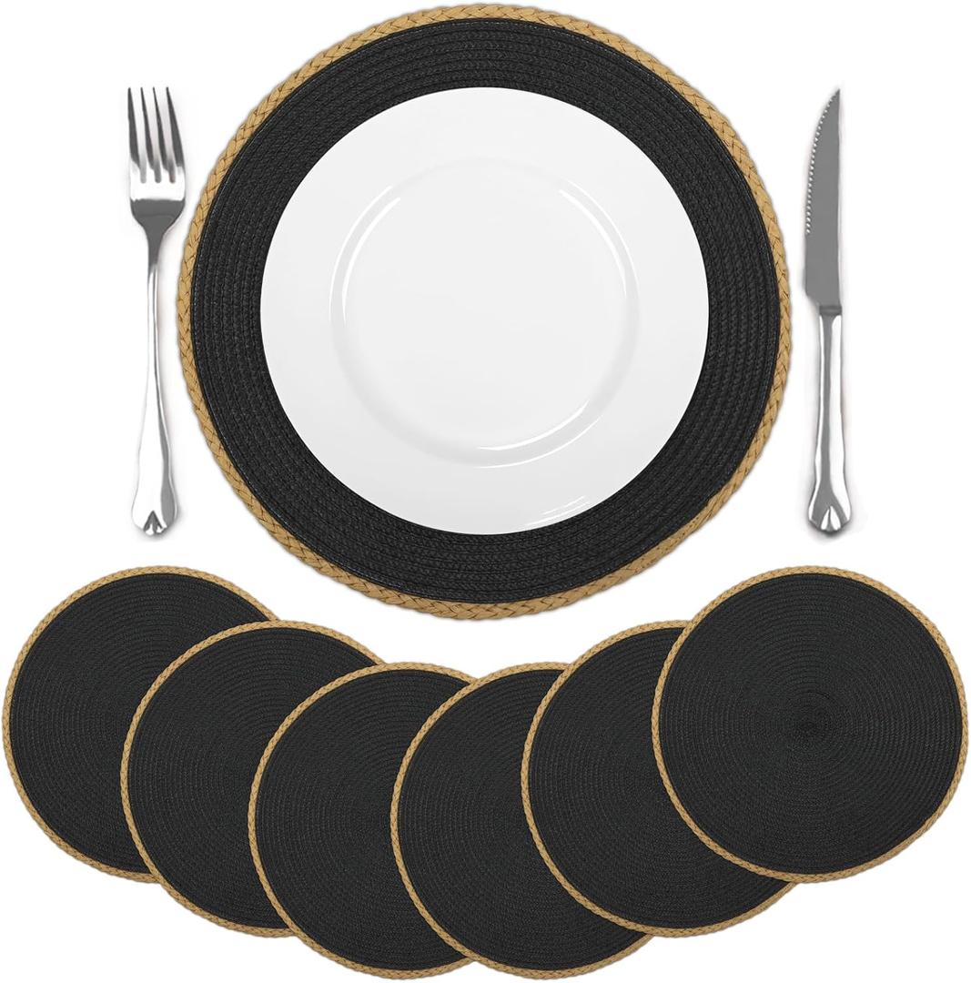 comfoyar Black Round Braided Placemats Set of 6, 14.2x14.2 Inch Non-Slip Place Mats, Washable Heat Resistant Table Mats for Indoor Kitchen Dining Party Table Decoration