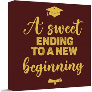 2026 Graduation Wood Box Sign for Graduate Gifts, Positive Quote A Sweet Ending to a New Beginning Wooden Box Block Sign for Grad Party Favors Supplies Tabletop Home, Maroon