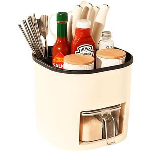 Rotating Utensil Holder for Kitchen Counter – Seasoning Organizer with 4 Spice Containers, Cutlery Holder and Knife Holders for Counter Top, Space-Saving Kitchen Countertop Organizer