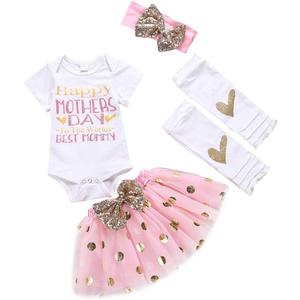 XFGLCK Newborn Infant Baby Girl My 1st Mother's Day Skirt Set Romper+Tutu Pink Dot Skirt+Headband+Legging Warmer 4Pcs (0-3 Months)