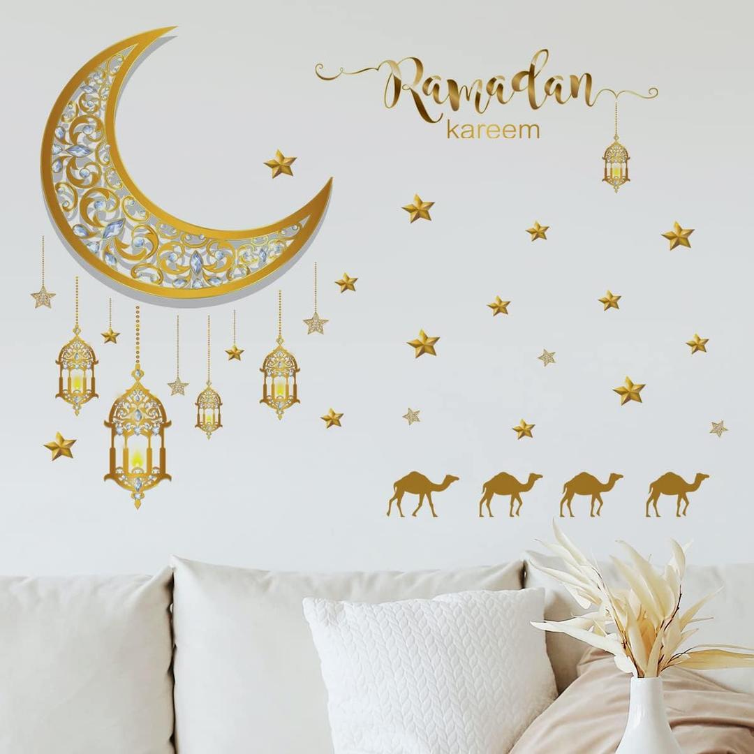 3 x Ramadan Mubarak Window Clings,Lantern Moon Star Wall Stickers,Party Supplies Decorations Islamic Muslim Happiness Al-fitr Kareem Cut-Out Decals for Home Wedding Birthday Islam Decor (Gold B)