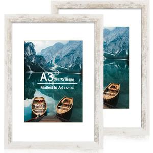 A3 Frame Set of 2, Distressed White Wood Style - Display Pictures A4 with Mat or 11.7x16.5 without Mat, Wall Mounting Horizontal and Vertical
