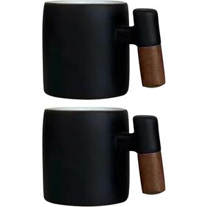 2-Oz Ceramic Espresso Cups with Wood Handle, 2/4-Piece Set for Coffee, Tea, Latte - Dishwasher Safe, Multi-Color & Wood Styles, Gift & Café Use (balck, Wooden Handle2)