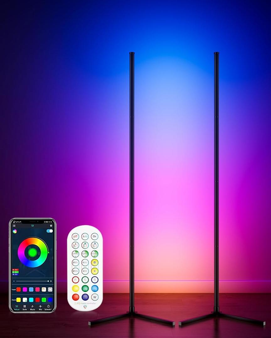 Corner Floor Lamp, 2 Pack LED Corner Lamp with App/Remote/Button Control, Smart RGB Floor Lamp with 16 Million DIY Colors & 68+ Scene, 300+ Scene, Music Sync for Living Room, Bedroom, Gaming Room