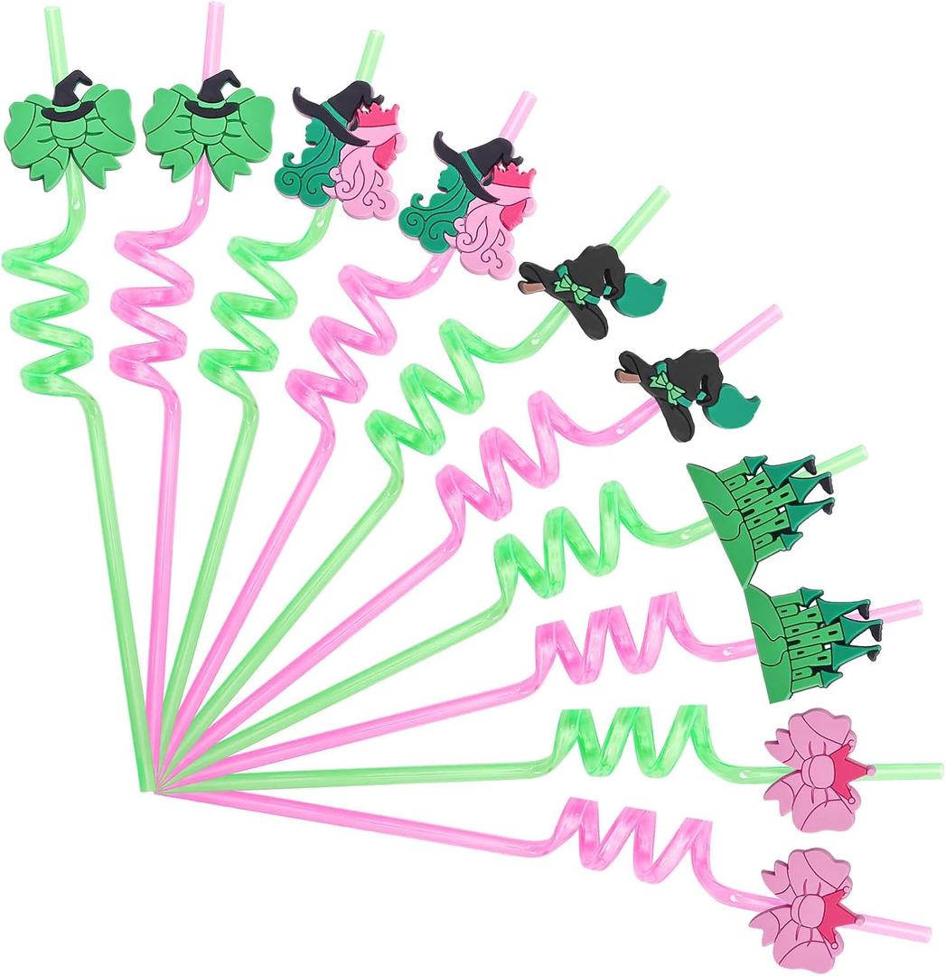25 PCS Wicked Party Drinking Straws, Princess and Witch Theme Reusable Plastic Loop Drinking Straws with 2 Cleaning Brushes Pink and Green Birthday Favors Decorations