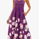 Gardenwed Women's Floral Print Maxi Dress,Spaghetti Strap Smocked Bodice A-Line Sundress with Pockets L Purple