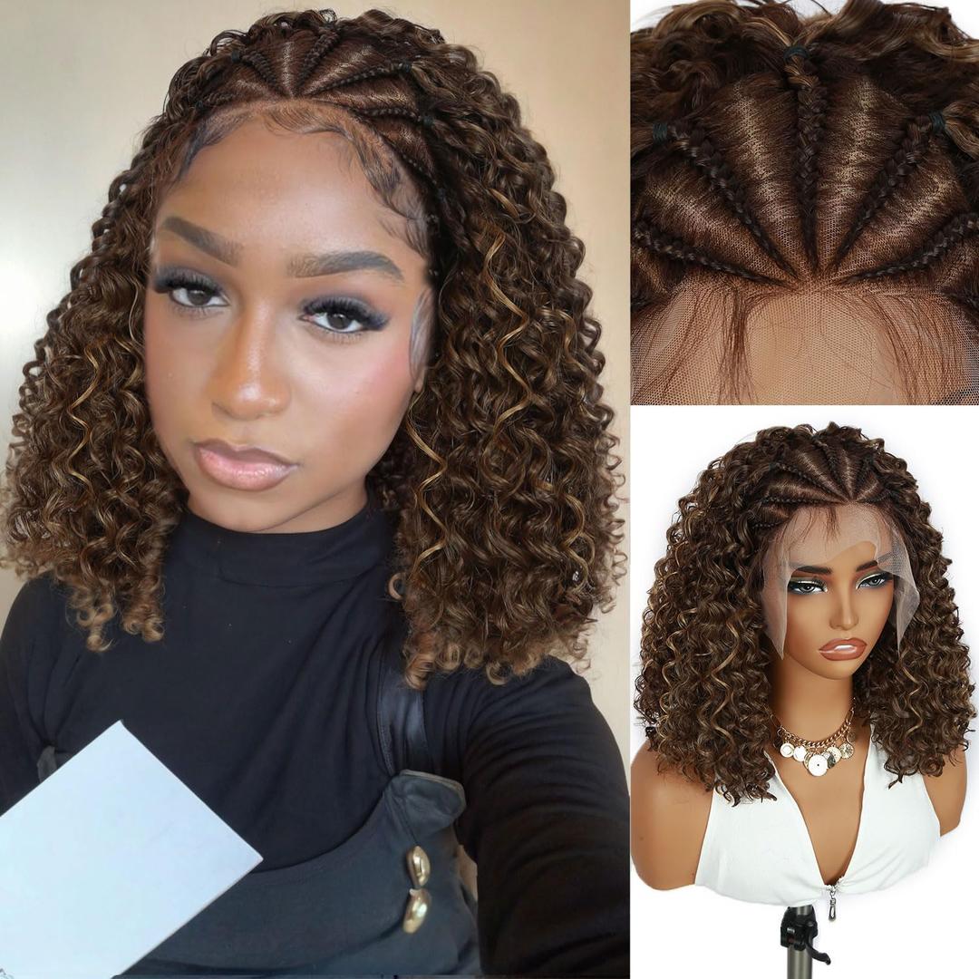 Fancy Hair Braided Wig Cornrow with Curly Hair Wig HD Lace Front Wig with Baby Hair Pre Plucked Glueless Transparent 13x4 Inch Brown Mixed Blonde Wig for Black Women (16)