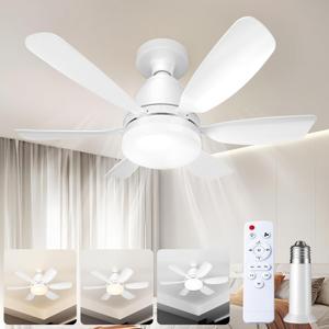 Socket Fan Light Ceiling Fans with Lights and Remote, Dimmable LED 3 Colors 3000K-6500K, 1556 Lumens Light Bulb Screw in Ceiling Fan for Bedroom, Kitchen, Living Room, Closet (White)
