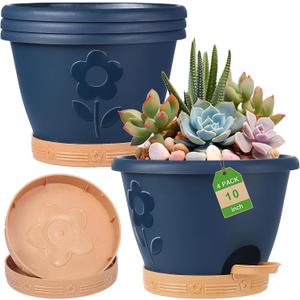 gegemaoyi Plastic Plant Pots 10 Inch Set of 4, Self Watering Pots with Drainage Holes, Saucer & Reservoir, Flower Pots for Indoor/Outdoor Plants, Decorative Nursery Planting Pots (Blue)