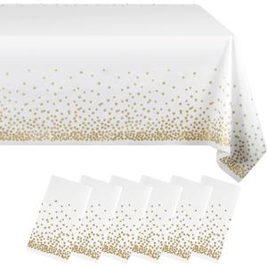 Eleclassi White and Gold Dot 6 Pack Premium Disposable Plastic Tablecloth 54 x 108 in - Polka Dot Plastic Table Cloth Disposable Tablecloth for Rectangle Table up to 8 Feet