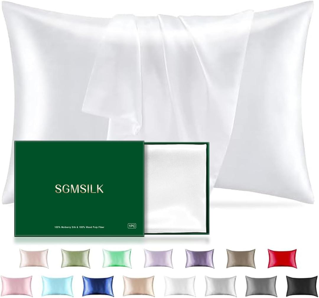Mulberry Silk Pillowcase for Hair and Skin, SGMSILK 22 Momme Natural Silk Pillow Cases with Zipper, 6A Soft and Smooth Single Sided Pure Silk Pillow Cover (White, Standard 20"x26")