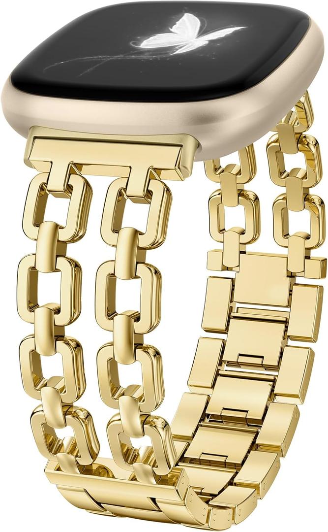 Wearlizer Metal Band Compatible with Fitbit Versa 4 Bands for Woman/Versa 3/Sense 2/Sense Bands Women, Dressy Chain Strap Designer Stainless Steel Bracelet Wristband (Gold)
