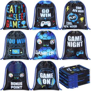 Faccito 16 Pieces Video Game Party Favors Bags 7 x 9.8 Inch Gaming Party Drawstring Bags Bulk Game Theme Goodie Candy Treat Gift for Boys Girls Birthday Supplies, 8 Styles(Blue)