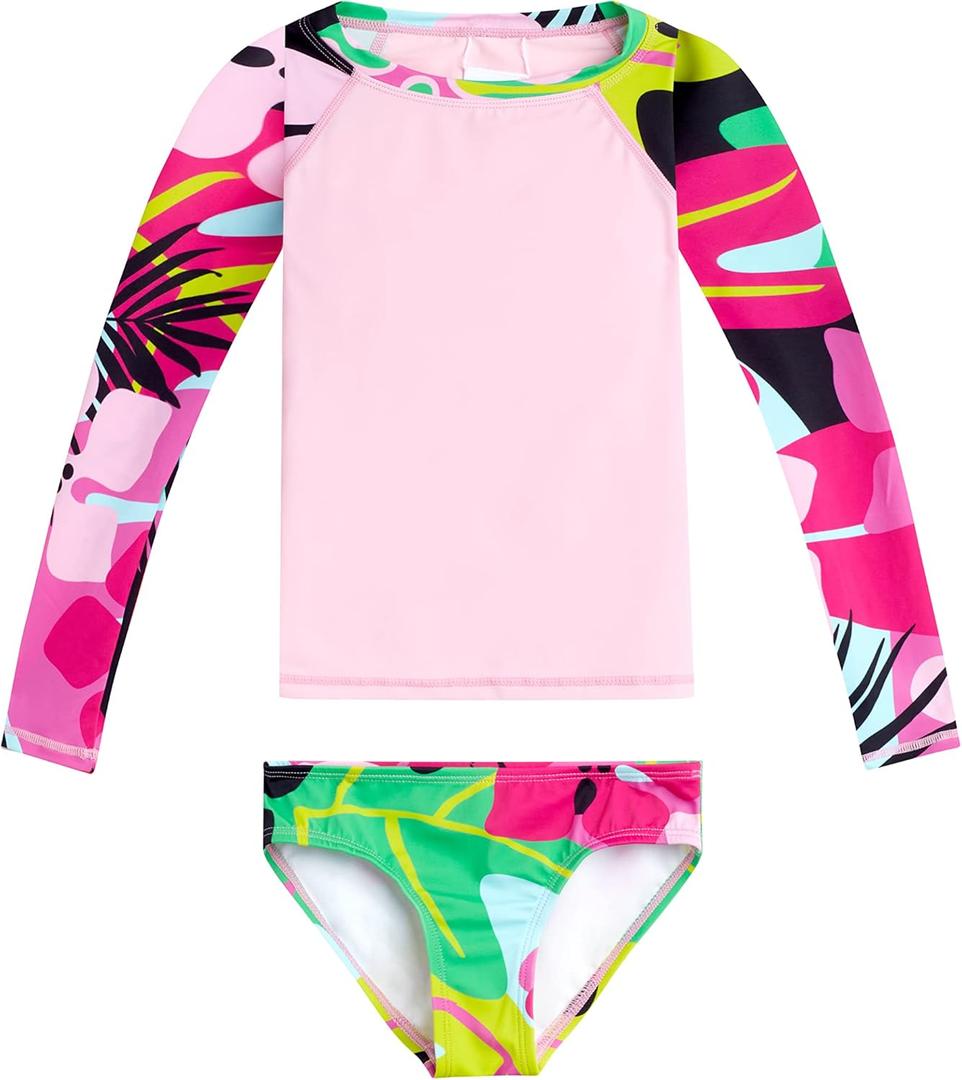 Kanu Surf Girls' Long Sleeve Rash Guard UPF 50 2-Piece Swim Set (4T, Aria Pink)