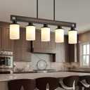 Farmhouse Dining Room Light Fixture, 5-Light Wood Kitchen Island Lighting for Dining Room Over Table, Black Adjustable Pendant Light with Milk Glass Shades, Linear Chandeliers Lighting for Kitchen
