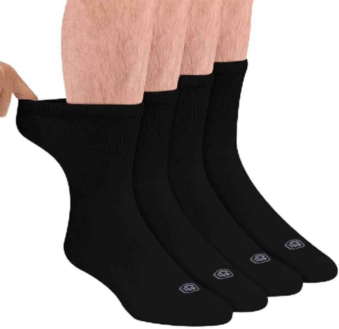 Doctor's Choice Diabetic Socks for Men, Seamless Socks with Non Binding Top, 4 Pairs, Large 9-12 & X-Large 13-15 (Black/Crew)