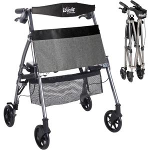 Stander Wonder Rollator Plus Short, Lightweight Junior Folding Mobility Aid for Petite Adults, Seniors, and Elderly, Collapsible Travel Rolling Walker with Four Wheels and Seat, Black Walnut