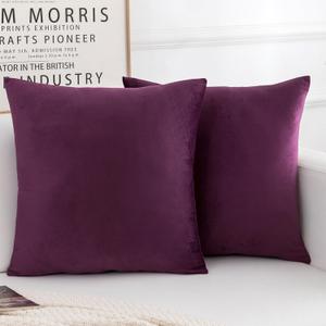 Velvet Decorative Throw Pillow Covers, Soft Square Cushion Case Home Decor for Living Room Couch Bed Sofa, Set of 2 Pack, Eggplant Purple, 18x18 Inch