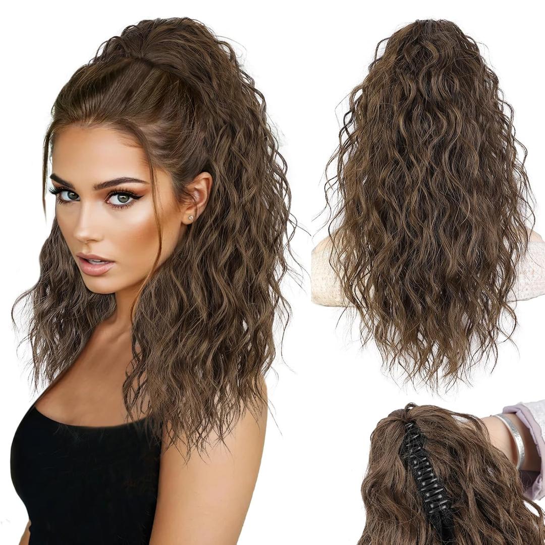 Ponytail Extension 18" Curly Wavy Pony Tail Claw Multi Layered Clip on Ponytail Extension Fluffy Natural Looking Synthetic Hair Piece for Women(Medium Brown Auburn)