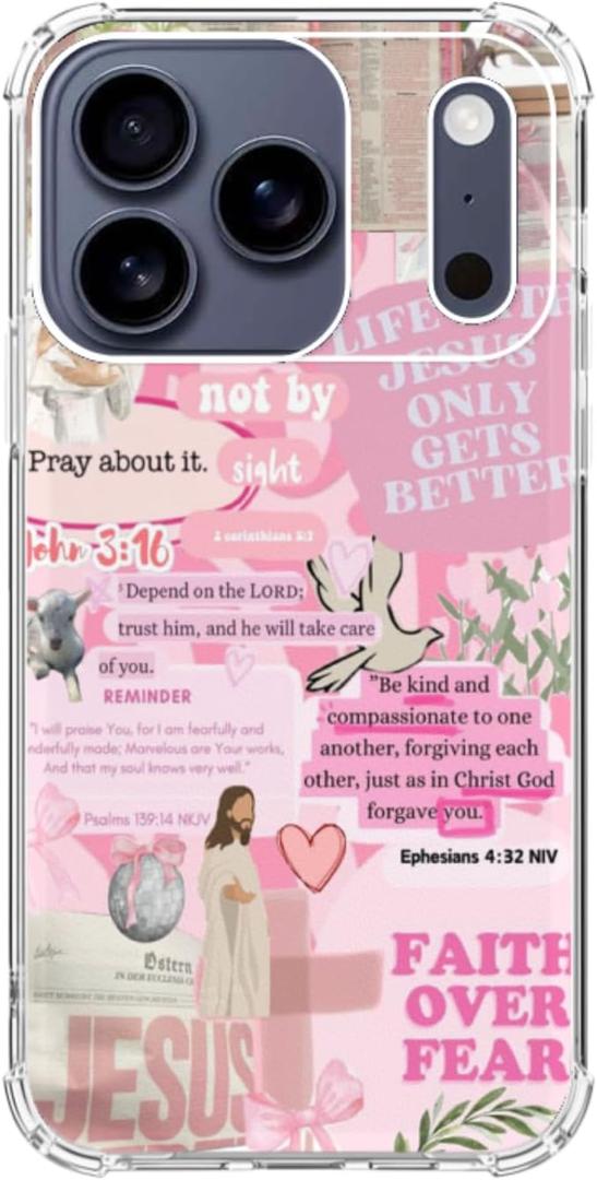 Pink Christian Collage Phone Case for iPhone 17 Pro, Bible Verse Quote Art Phone Cover, Trendy TPU Bumper Cover Case