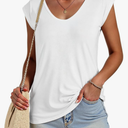 SOUWINEMYI Womens Cap Sleeve T Shirts V Neck Casual Tops Oversized TShirt Summer Trendy Lightweight Loose Fit Basic Tees (White,L)