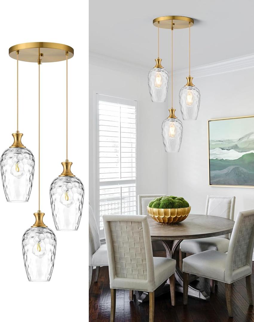 3-Light Pendant Lighting, Modern Brushed Gold Dining Room Chandelier Light Fixture Over Table with Hammered Glass, Brass Cluster Hanging Lights for Kitchen Island Dining Room Bedroom, E26