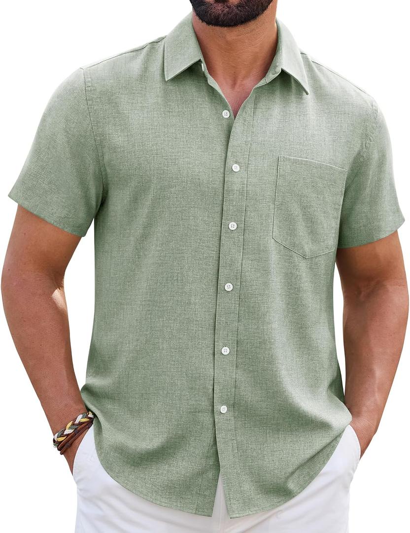 Mens Linen Shirt Short Sleeve Wrinkle Free Casual Untucked Button Down Shirts Beach Breathable Tops Summer (Green, L)