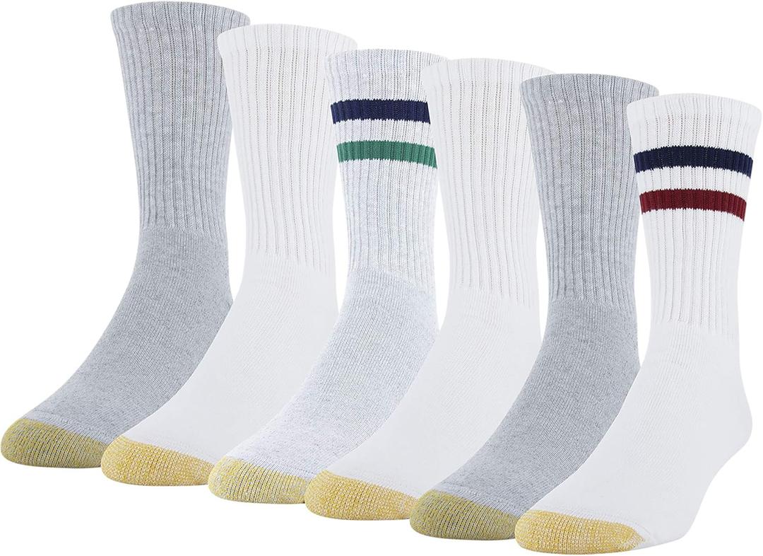 GOLDTOE Men's Cotton Blend Athletic Crew Socks, 6-pairs (Large, White/Grey Heather)