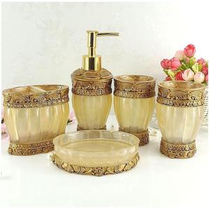 LUANT Vintage Golden Bathroom Accessories, 5Piece Bathroom Accessories Set, Bathroom Set Features, Soap Dispenser, Toothbrush Holder, Tumbler & Soap Dish - Golden Glossy - Bath Gift Set