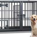 Dosker 42 inch Heavy Duty Metal Dog Crate Cage with Divider for 2 Dogs/Large Dog,All Metal Open Top Escape Proof Cage,Dog Kennel Indoor with Wheels,Floor Grid,Tray,Feeding Bowl (Black)