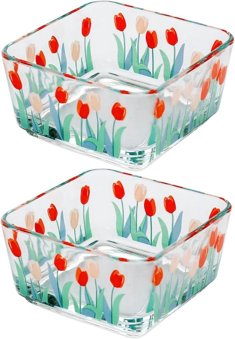 9 OZ Mini Tulip Candy Dish Cute Floral Candy Bowl Small Square Glass Bowl for Candy,Dessert,Snack,Fruit,Icecream,Yogurt,Dipping,Prep,Clear Serving Bowl,set of 2