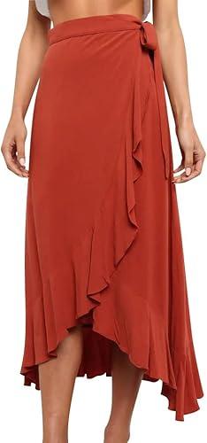 Ezcosplay Women Ruffle Wrap Skirt Tie Waist Boho High Low Asymmetrical Midi Beach Skirt, Small