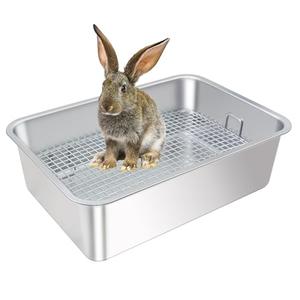 HUQIZOO Large Stainless Steel Rabbit Litter Box,Bunny Litter Pan with Widened Grid,Toilet Tray,High Back Wall,Deep Waste Storage (Large)
