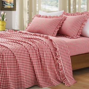 KKJIAF 3 Pieces Plaid Ruffle Twin Bed Sheets, Cotton Gingham Twin Sheet Set Linen Feel Comfy Breathable Ruffed Bed Sheet Set with 16 Inch Deep Pocket, Red