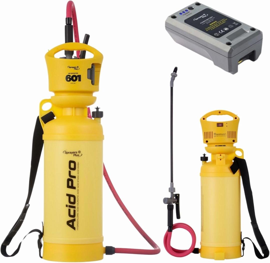 Sprayers Plus 601 Air Booster 2 Gallon Acid Effortless Sprayer - Battery-Powered, Constant PSI, Adjustable Pressure for Optimal Coverage,Superior Chemical Resistance