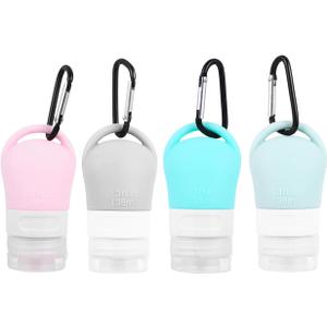 Healeved 4-Pack 1.3Oz Travel Size Silicone Refillable Lotion Bottles with Hook Clear Pump Dispensers for Hand Soap Cosmetic Storage