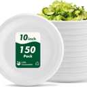 10 Inch 150 Pack Compostable Paper Plates, Disposable Heavy-Duty Plates, Biodegradable Sugarcane Fiber Paper Round White Plates, Microwavable