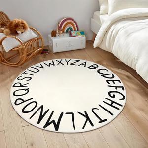 LIVEBOX ABC Play Room Round Rug Alphabet Play Mat, Circle Washable Rug Educationa Nursery Rug for Baby Boy and Girl Room, NonSlip Learning Carpet for Children Playroom Classroom (47",Black,Beige)