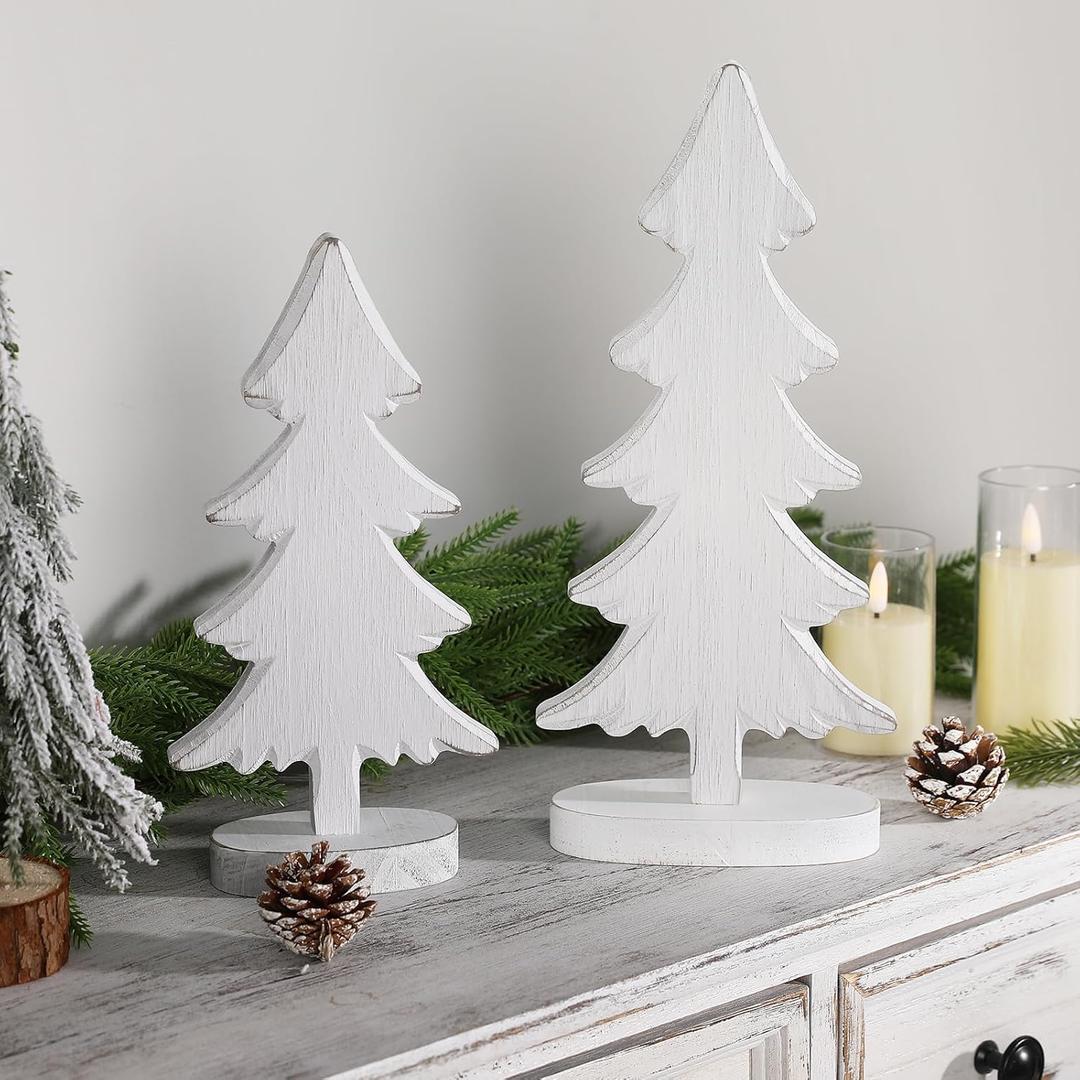 2 x Christmas Decorations-2pcs Natural Wood Christmas Trees Tabletop Sign-Vintage Indoor Centerpieces for Table Mantle Xmas Party Decor(White)
