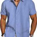 Button Down Shirt Men Hawaiian Shirts Short Sleeve Untuckit Fitted Casual Linen Shirt Beach Wear Vacation Hawaiian Tropical Summer Outfits Blue X-Large